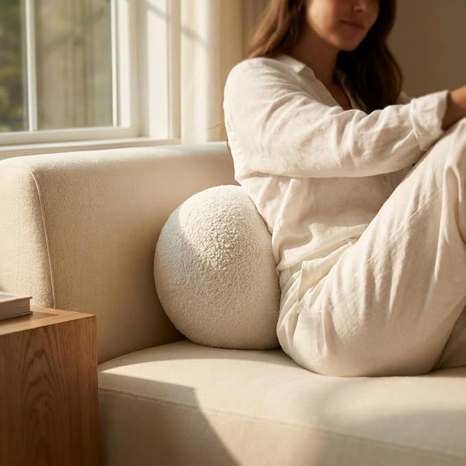 Orb Bouclé Sphere Pillow, 12 Inch Ergonomic Back & Arm Support, 600 GSM Textured Décor Throw Pillow with Hidden Pocket, White