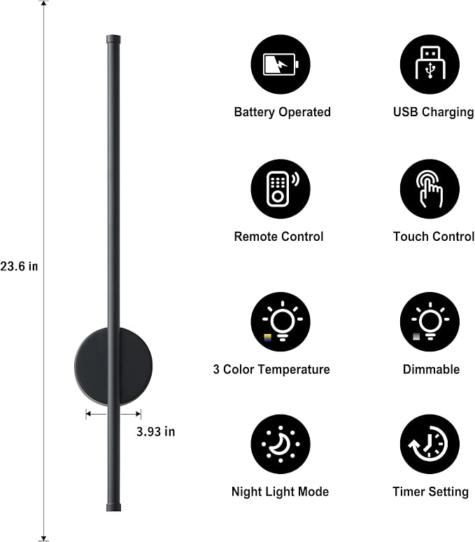 Battery Operated Modern Wall Sconces, Dimmable Wireless Wall Light Set of Two with Remote Control, 3 Color Temperatures, Rechargeable LED Wall Sconce for Bedroom, Living Room, Hallway, 23.6 Inch Black