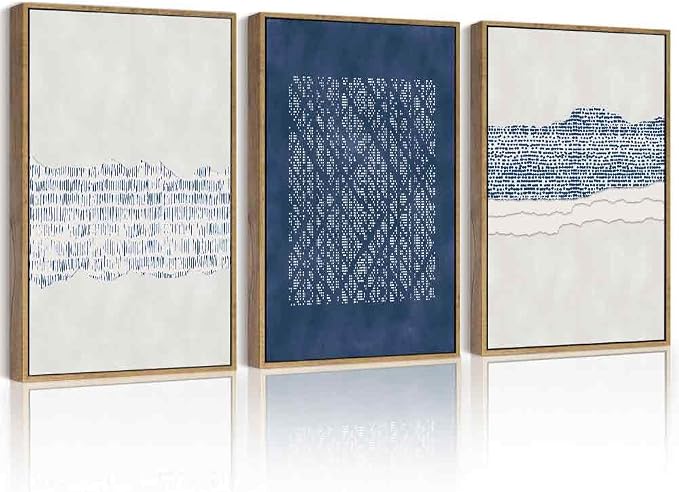 PHOPAGO Navy Blue Abstract Framed Wall Art Large 16x24in Mid Century Minimalist Wooden Pastel Boho Wall Decor Modern Neutral Farmhouse Living Laundry Decor- Natural Framed