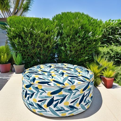 LVTXIII Outdoor/Indoor Inflatable Stool Ottoman, All Weather Patio Footrest Pouf, Portable Round Ottoman for Patio Garden, Camping or Home, D21xH9 Inches, Blue Leaves