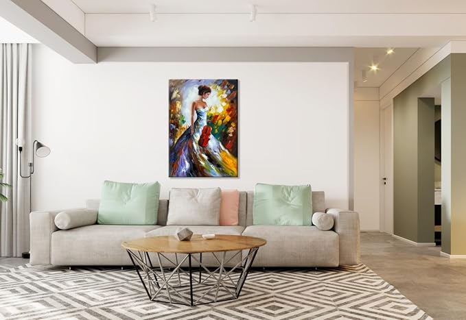 zoinart Hand Painted Modern 3D Oil Paintings on Canvas Wall Art 28x40 Inches Fiddler Girl Abstract Vertical Wall Art Large Framed Artwork for Home Decorations Wall Decor