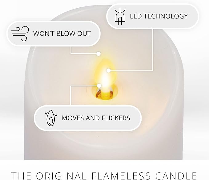 Luminara Realistic Moving Flame LED Candle (3"x8.5") Scalloped Edge Smooth Finish Real Wax Pillar, Battery Operated (2 C) 600 Hr Runtime, Timer, Remote Ready, Unscented - White