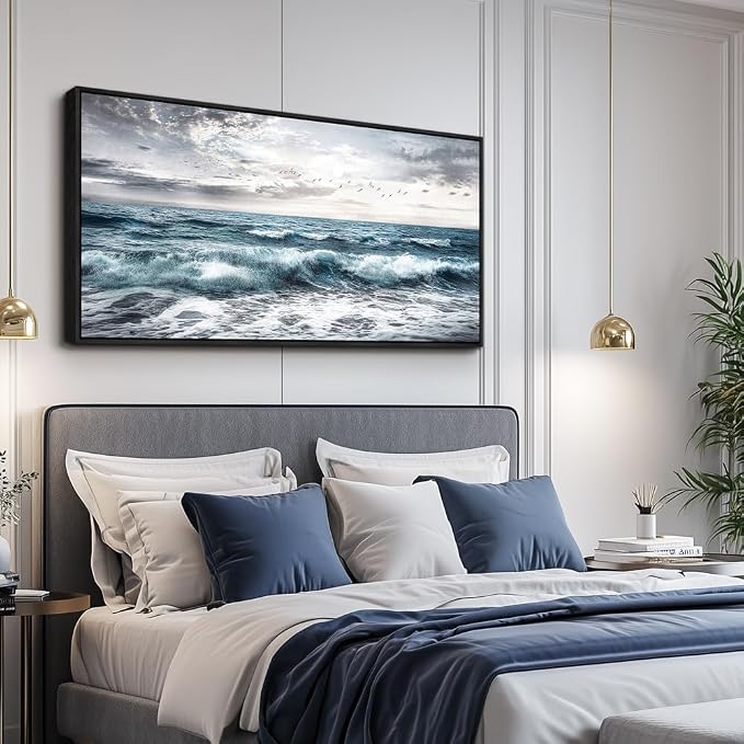 QIYILEXWART Black Framed Canvas Wall Art For Living Room Large Wall Decor For Office Bedroom Decoration Modern Watercolour Picture Ocean Waves Painting Artwork Room Ready To Hang