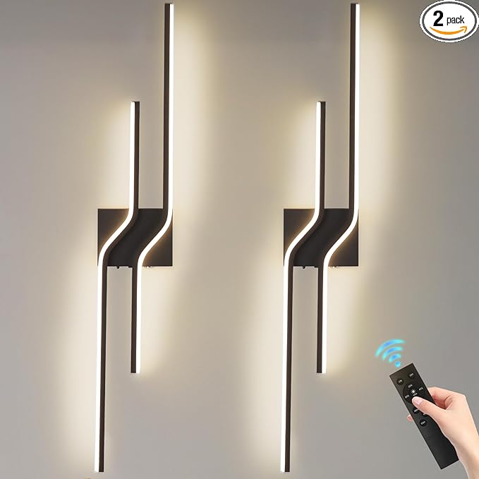 Battery Operated Wall Sconces Set of Two,31.5 Inch Modern Wireless Wall Lights for Living Room,12000mah Rechargeable Black Wall Sconces with Remote,Dimmable LED Wall Lamps for Bedroom,Hallway