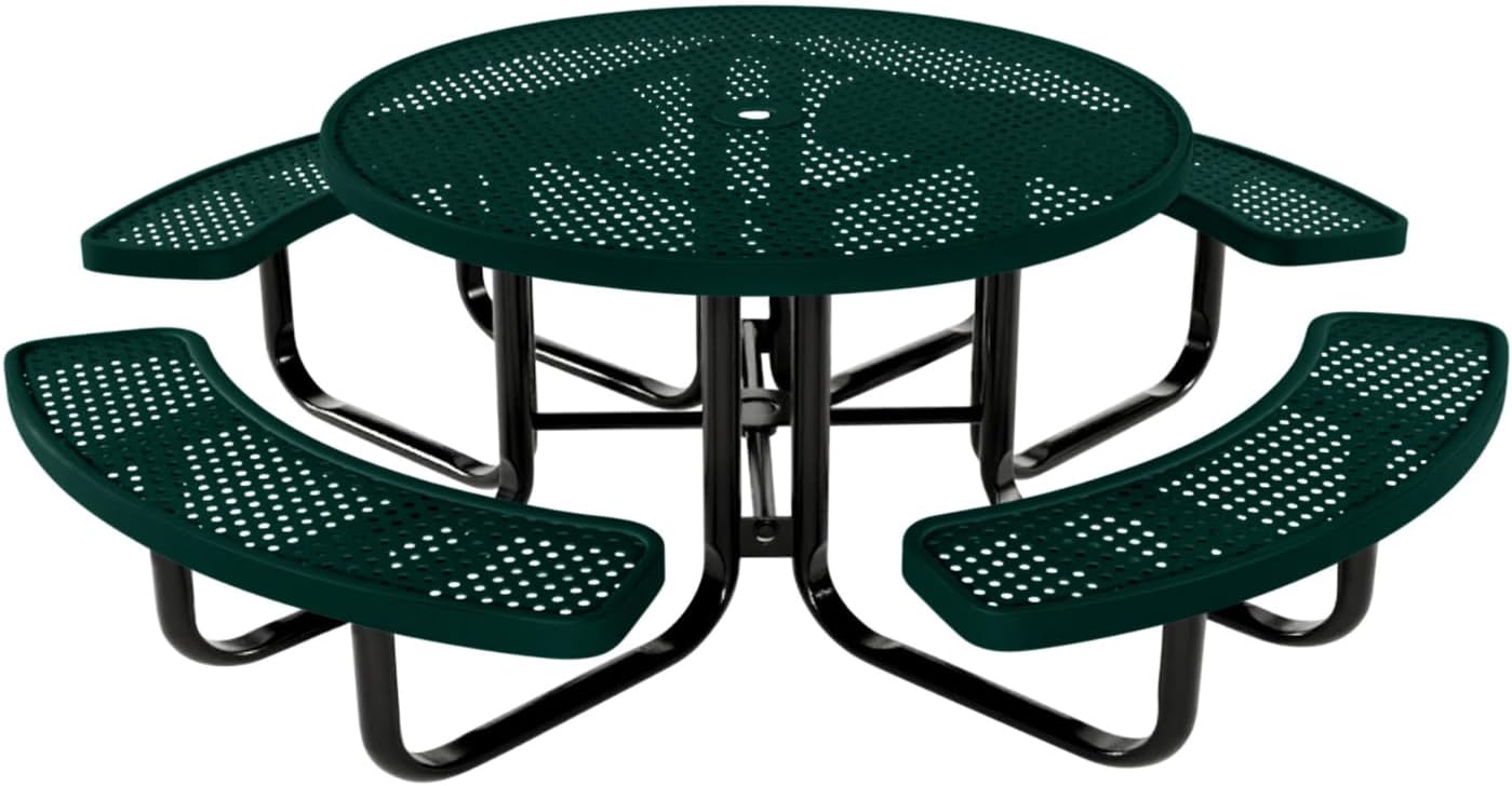 Coated Outdoor Furniture Heavy-Duty Portable Outdoor Kids Table with Umbrella Hole, Punched Steel Kids Picnic Table, Commercial-Grade, Made in America (46 In, Round, Childrens, Dark Green)