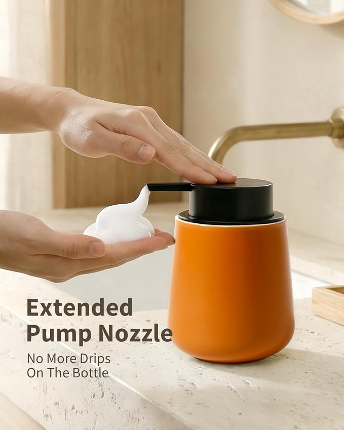 BosilunLife Ceramic Bathroom Accessories Set 3 Pcs, Foaming Soap Dispenser and Toothbrush Holder with Tray, Modern Farmhouse Vanity Decor, Orange Housewarming Gift