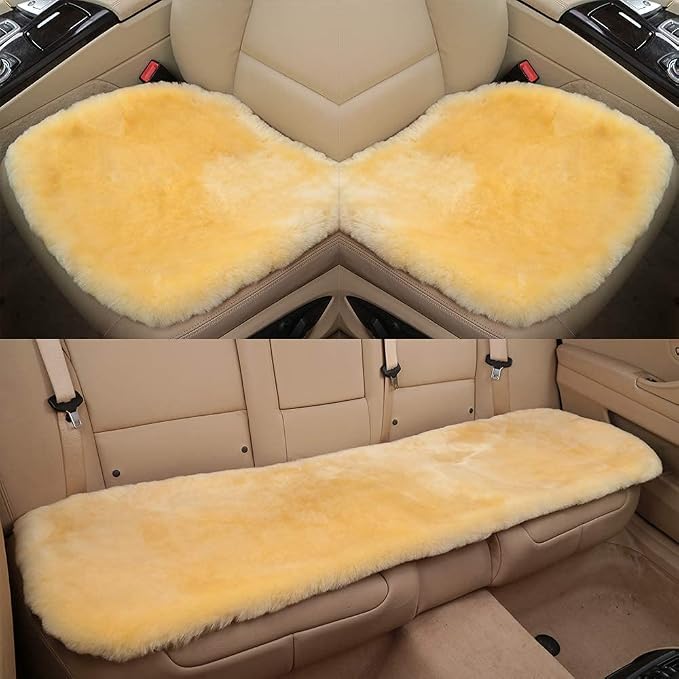 OGLAND Fuzzy Genuine Sheepskin Car Seat Cover for Auto Seat Cushion Pad Interior Accessories with Soft Fluffy Wool Natural Fur (Golden Yellow, Front)