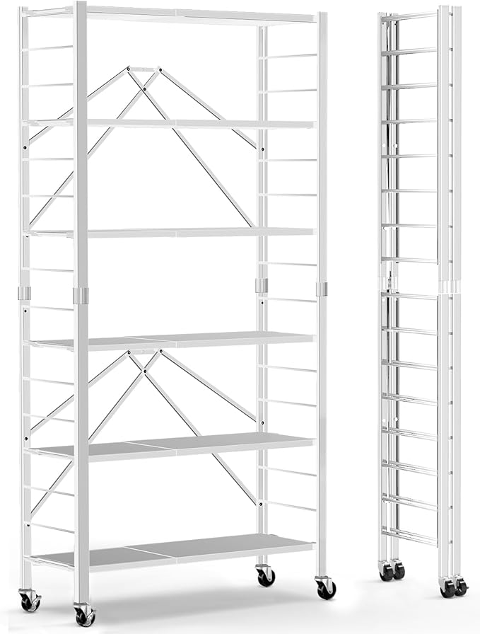 Himix 6 Tier Foldable Storage Shelves, Expandable Folding Bookshelf with Wheels, Changeable into 2 Shelf Units, Collapsible Adjustable Storage Rack Metal Shelves for Garage Kitchen, Basement, White