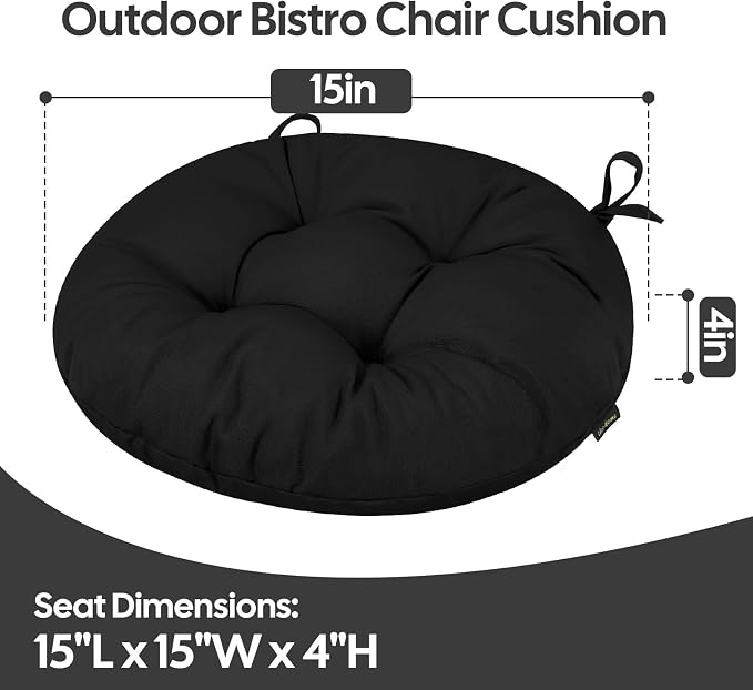 idee-home Outdoor Bistro Chair Cushions Set of 2, Round Seat Cushions | 15”x15”x 4” Thick Outdoor Round Seat Pads Tufted with Ties, Waterproof Patio Furniture Pads for Garden