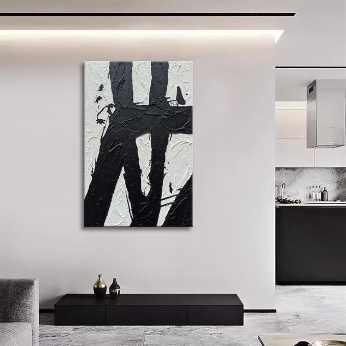 Hand Painted Black and White 24x36 Wall Art, Black and White Paintings Vertica Texture Abstract Wall Canvas Contemporary Art Minimalist Home Decorations Framed Artwork Wall