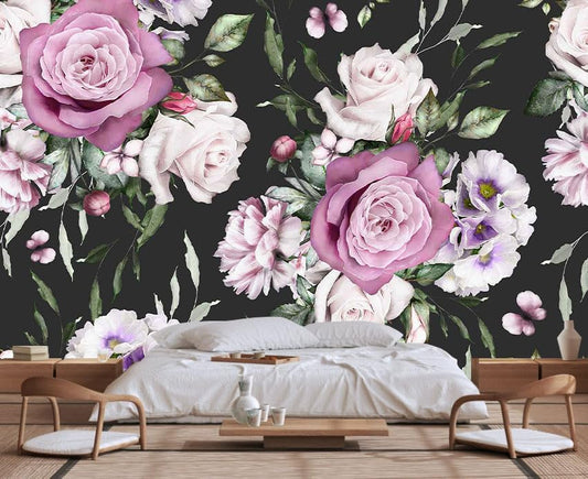 Seamless Pattern of Flowers and Exotic Leaves on a Black Background. Floral Roses and Peonies Wall Mural(Non-self-Adhesive)
