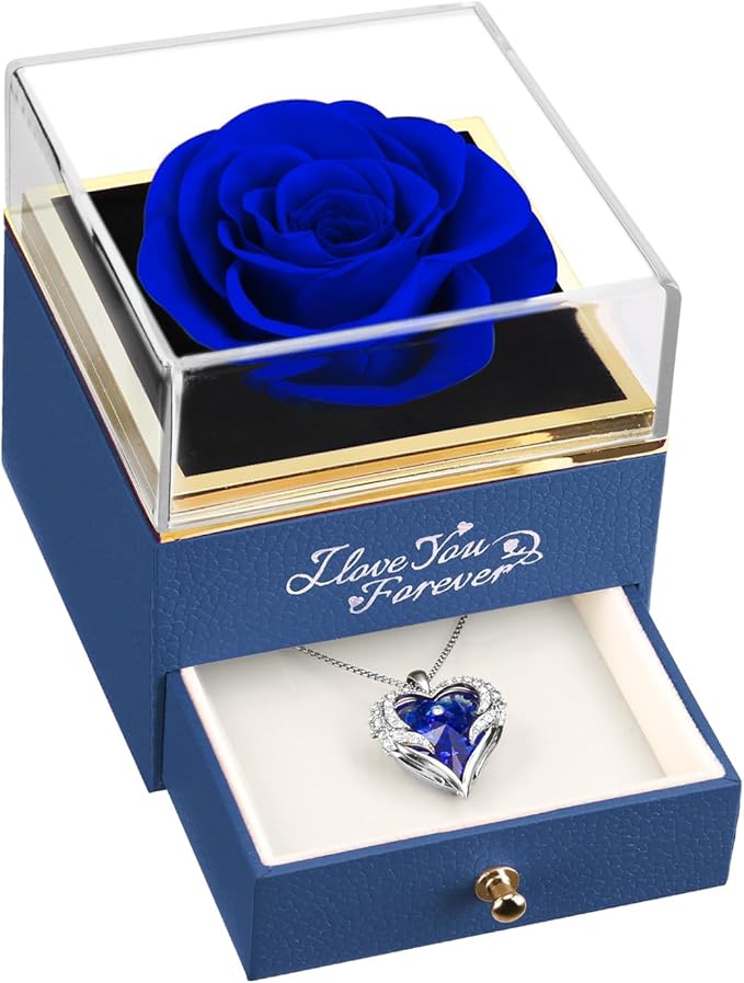 NEWNOVE Preserved Real Blue Rose with Angle Wings Necklace, Anniversary Birthday Gifts for Women, Wife Girlfriend Mom Gift Ideas, I Love You Gifts for Her