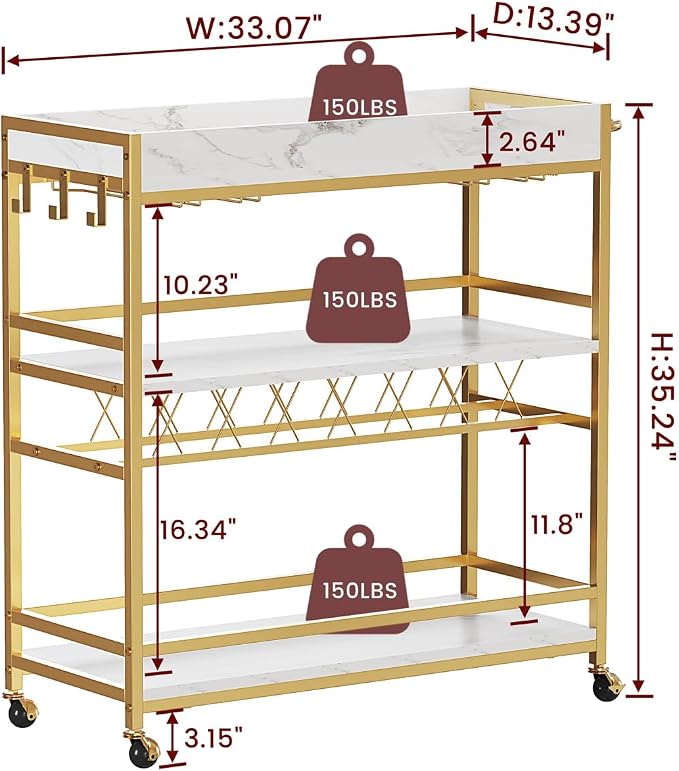 BON AUGURE Bar Cart for The Home, Rolling Home Bar Serving Cart on Wheels, 3 Tier Mobile Liquor Beverage Carts with Wine Rack and Glass Holder (Gold & Marbleized White)