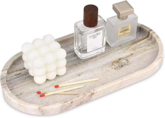 Oval Marble Bathroom Vanity Tray, Natural Luxury Marble Home Kitchen Bathroom Table Tray, Stone Decorative Countertop Tray for Coffee Perfume Jewelry (Viva Jade, 12" x 6" x 0.8")