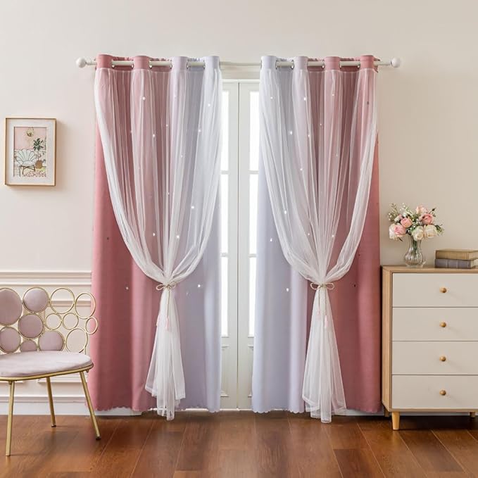 FANLI 84 Length Star Blackout Curtains for Kid Girls Bedroom Ombre Rainbow Darking Double Layer Star Cut Out Wall Home Decor Gradient Grommet Window Curtains (Pink White 84L)