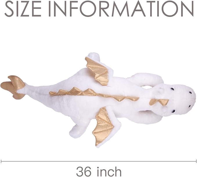 ARELUX Large 36in Cute Dragon Stuffed Animals Plush Toy Soft White Pterosaur Plushie Giant Fuzzy Dinosaur Pillow Plushies with Gold Wings Cuddly for Friends Family Member