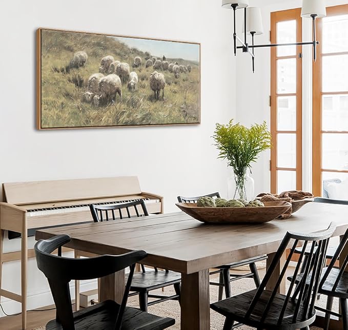 DJSYLIFE Farmhouse Sheep Framed Wall Art, Countryside Landscape | 20x40 Inch Canvas Print, Shepherd & Flock on Dunes, Ready to Hang, Pastoral Scene, Above Sofa for Living Room