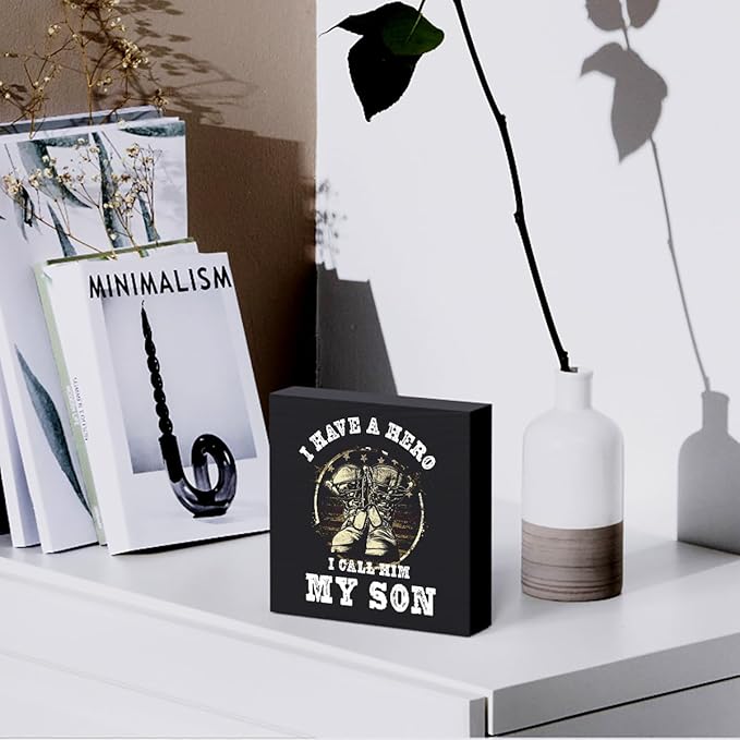 Woght Son Gifts Wooden Box Sign Plaque I have a Hero Call Him My Son Wood Box Sign Rustic Art Home Shelf Desk Decor 5 X 5 Inches