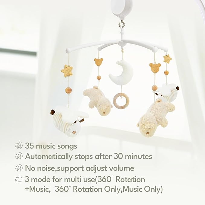 Crib Mobile 35 Lullaby Music, Cotton Baby Mobiles for Cribs & Pack N Play, Easy to Install, Stuffed Animals Hanging Toys Newborn Boys & Girls, Bear