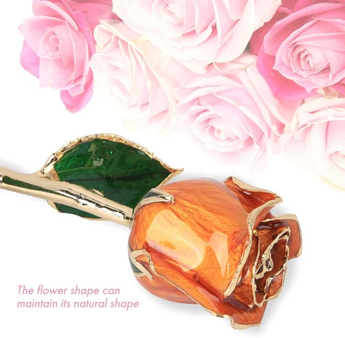 Valentines Day Rose 24k Gold Dipped Rose Forever Preserved Rose Flower with Display Stand for Her Wife Mother Girlfriend on Anniversary Birthday Christmas, Orange
