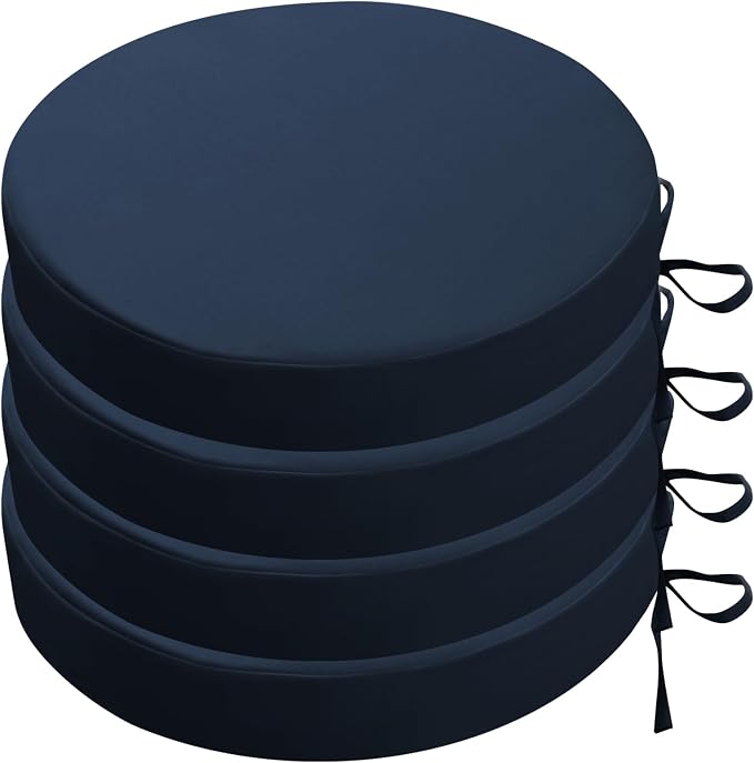 SK Studio Round Outdoor Chair Cushions for Patio Furniture, Set of 4 Waterproof Patio Chair Cushion with Adjustable Ties for Garden Sofa Couch, Navy Blue, 20"x20"x2"
