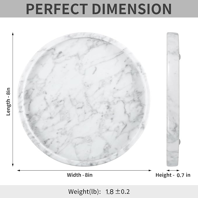 Decorative Round Marble Tray,8 Inches Diameter, Natural White Stone Vanity Organizer