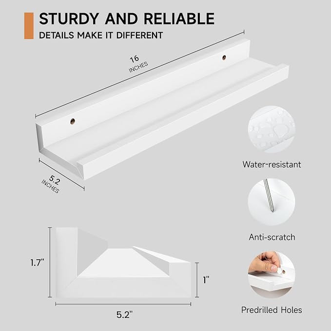 Floating Picture Ledge Shelves Set of 2, 16 Inch Solid Wood Wall Shelves with Lip, Large Nursery Book Shelf for Toys Storage, Kids Bookshelf, Living Room, Bedroom Decor Frames, White Color