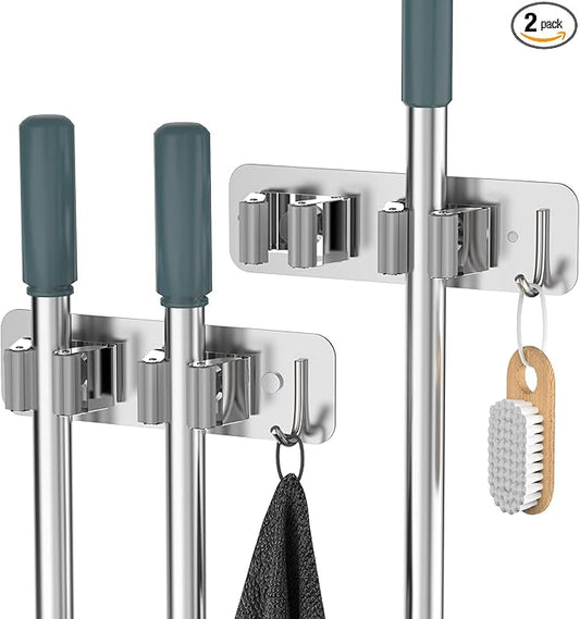 homeasy Wall Mount Mop and Broom Holder, Heavy Duty Stainless Steel Organizer Rack with Hooks | 2-Pack, 2-in-1 No Drill & Screw Installation, Silver