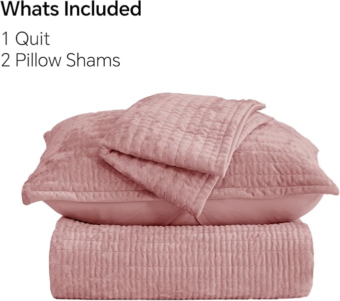 BEDELITE Velvet Quilt Set Queen Size - Luxury Soft Velvet Comforter Bedding Set for All Season, Lightweight Quilted Channel Stitch Oversized Bedspread Coverlet with 2 Matching Shams, Rose Pink