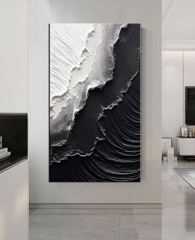 YaSheng Art - Vertical Wall Art Texture Abstract Oil Painting ,Hand Painted sea wave Black and White Wall Art Minimalist modern Art Paintings,, Home Living room Room Dining Room Bedroom Wall Decorative Art Oil Painting 30x60inch