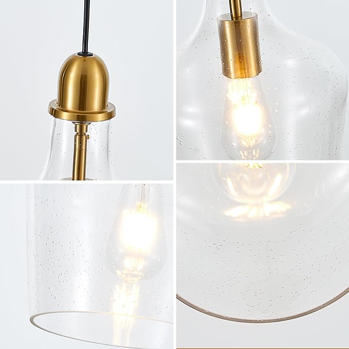9” Seeded Glass Pendant Light Modern Brass 1 Light Single Dome Bubble Pendant Lighting Fixtures for Kitchen Island Dining Room Hallway, UL Listed