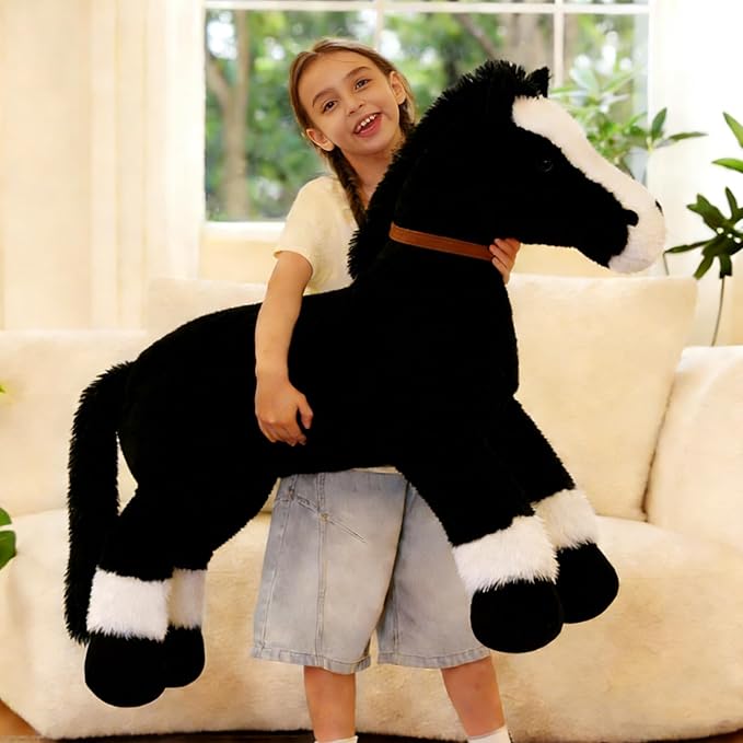 Tezituor 47inches Giant Black Horse Stuffed Animals, 4ft Realistic Large Stuffed Pony for Boys Girls, Soft Horse Plush Body Pillow Christmas Birthday Gift Decor for Kids Adult