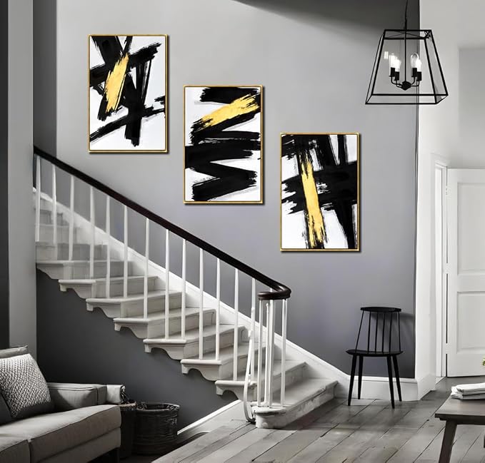 Sofoney - Gold Framed Black and Gold Abstract Canvas Wall Art Prints 3D Textured Black Brushstrokes Painting with Gold Foil, Modern Home Decor for Living Room Bedroom Office - 16"x24"x 3 Piece