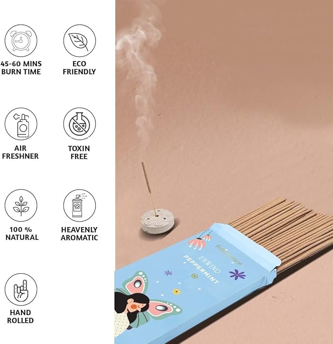 Folkulture Incense Sticks with Holder (100 Sticks)| Peppermint Incents Stick for Focus,Aromatherapy, Relaxation Gifts for Women | No Charcoal,Organic,Non Toxic, 45 Mins, Slow Burning Insence-Sticks