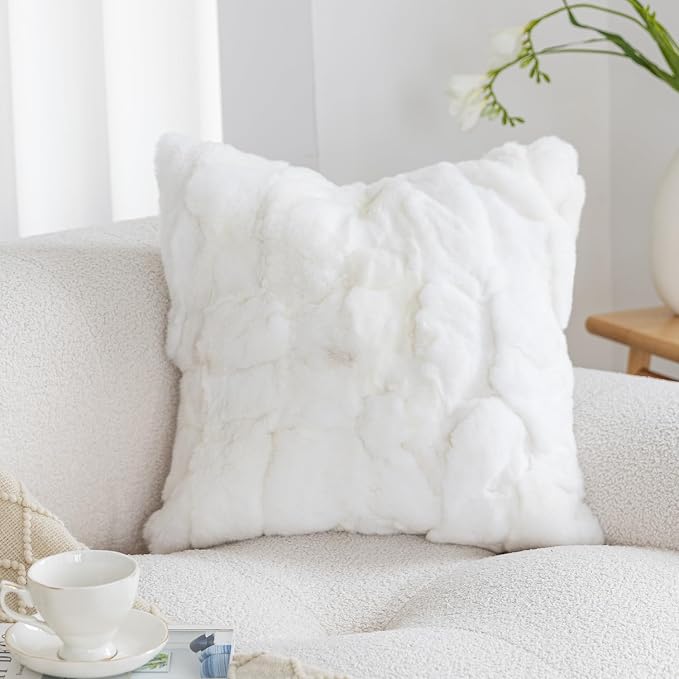 Genuine Rabbit Fur Throw Pillow Covers Set of 2,Luxury Decorative Pillowcases Soft Fluffy Animal Skin Accents Square Cushion Cover for Couch Sofa Bedroom Living Room Home,18x18 inch,White