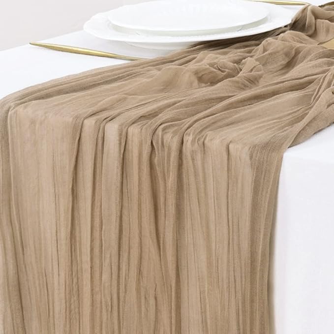 Socomi 6pcs Nude Brown Cheesecloth Table Runner Easter Spring Boho Rustic Gauze 120 inch 10FT Cheese Cloth Runner for Wedding Party Baby Shower Birthday Home Decor Holiday Decorations