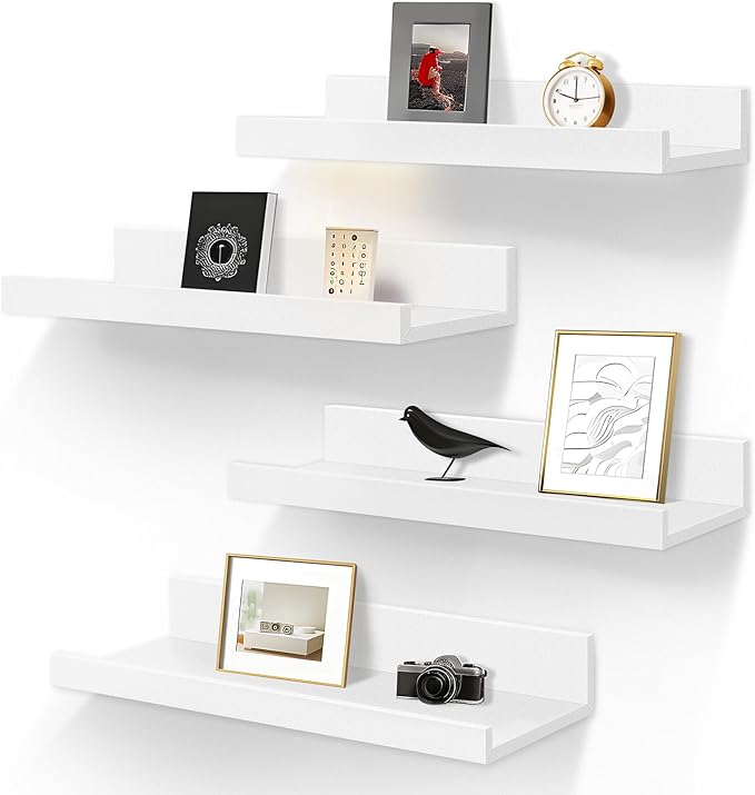 LaVie Home Floating Shelves for Wall Storage Set of 4, 15.6 Inch Picture Ledge Shelf, White Wall Shelves with Lip for Kitchen, Bedroom, Bathroom, and Living Room