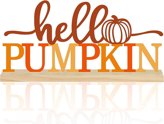 COCHIE Metal Hello Pumpkin Sign, Orange Fall Decorations for Home, Office, Shelf, Mantel, Indoor, Autumn Pumpkin Decoration, Hello Fall Decor (Autumn A)