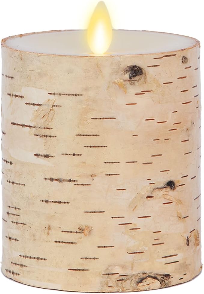 Luminara Real Birch Bark Wrapped Flameless LED Candle, 3.5" x 4.5", Battery Operated Moving Flame Pillar Light with Timer - Natural Decor Unscented