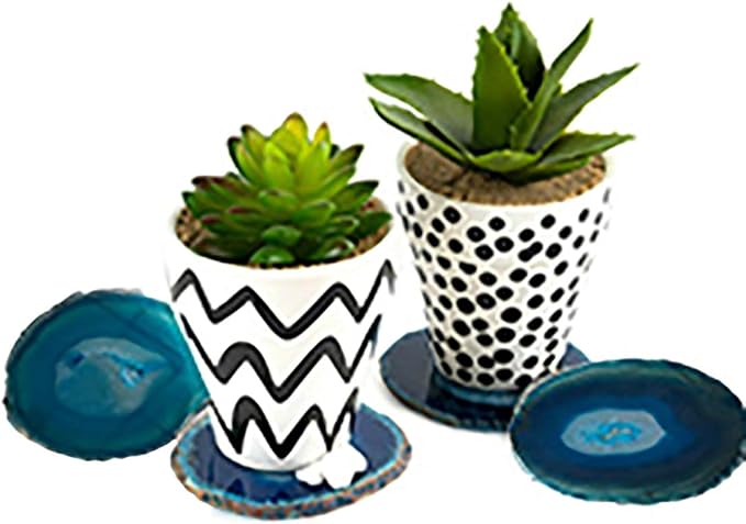JIC Gem Dyed Teal 3.5-4" Agate Coaster Sliced Natural Agate Coaster for Small Size Cup or Coffee Cup Home Decor with Rubber Bumper Set of 4