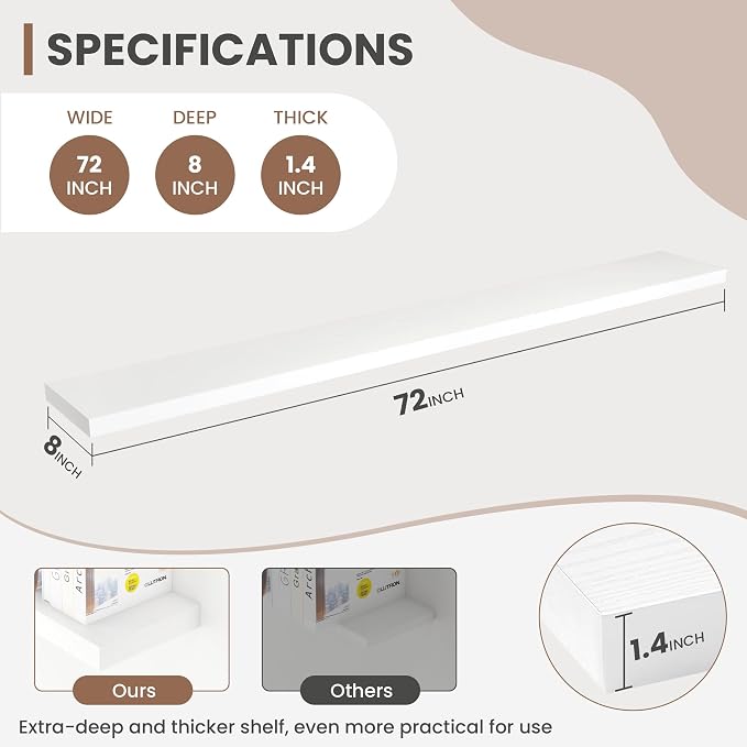 Acovy 72 Inch Floating Shelves, 8 Inch Deep Floating Shelves for Wall, Hanging Shelf with Invisible Brackets, Deep Shelves for Bathroom, Bedroom, Living Room, White, Set of 2