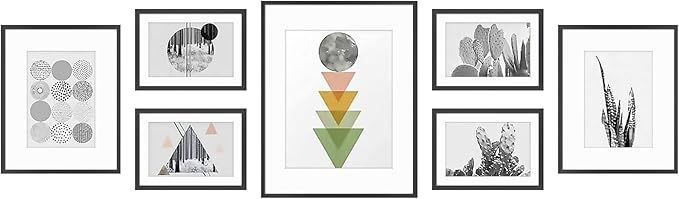 Golden State Art, Aluminum Gallery Wall Frame Set of 7 - Includes One 11x14, Two 8x10, and Four 5x7 - Metal Frames with Mat & Real Glass Cover for Elegant Home or Office Decor (Style 2, Black)
