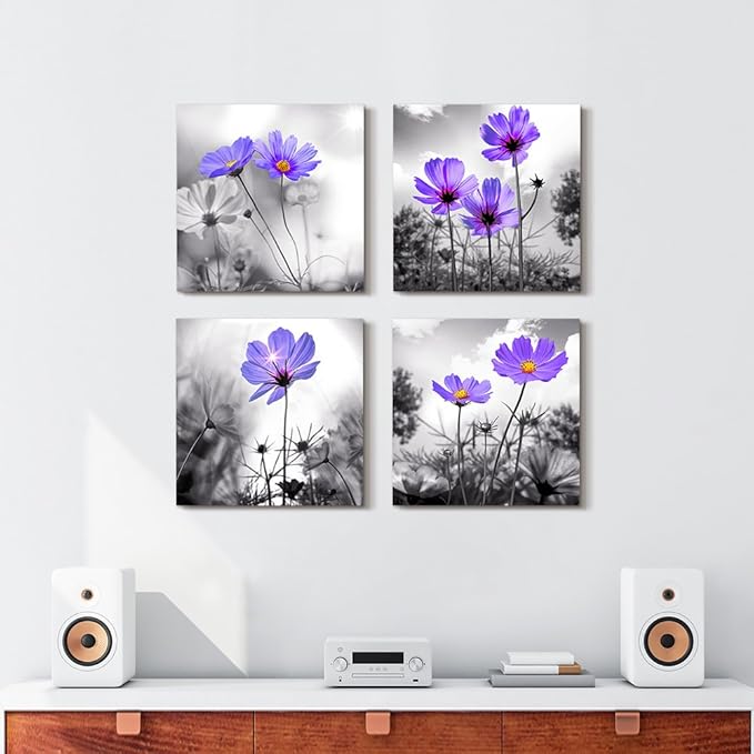 wall art for living room Black and White purple flower Big Canvas Prints Wall Decor Artwork 16" x 16" 4 Pieces Framed Black Border Ready to Hang for bedroom kitchen Home Decoration with office
