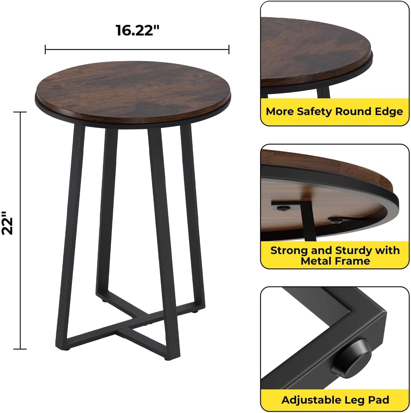 Side Table, Round End Table Vintage Brown Color MDF Top, Modern Coffee End Table for Living Room, Bedroom, Nightstand with Black Steel Frame for Small Spaces