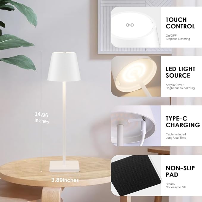 4-Pack Rechargeable Table Lamps, LED Cordless Table Lamp, 5000mAh Battery Operated Table Light, Stepless Dimming Portable Table Light Waterproof for Restaurant/Indoor/Outdoor (White)