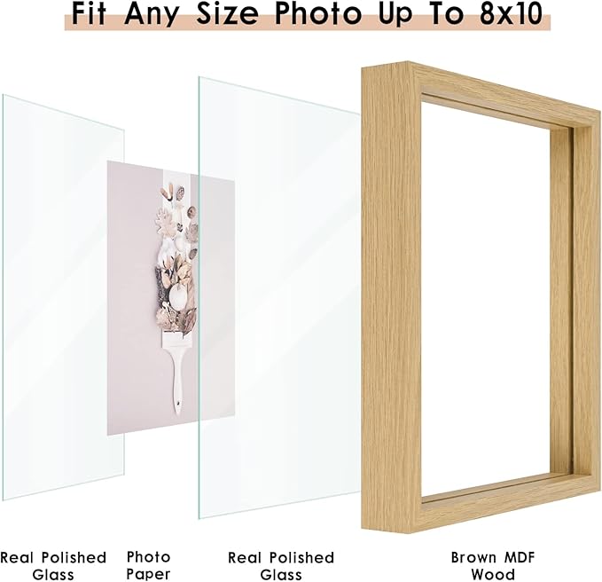 MUYE 8x10 Floating Frame Set of 2,Double Glass Rustic Photo Frame for Wall Hanging or Tabletop Standing,Display Any Size Photo up to 8x10,Natural