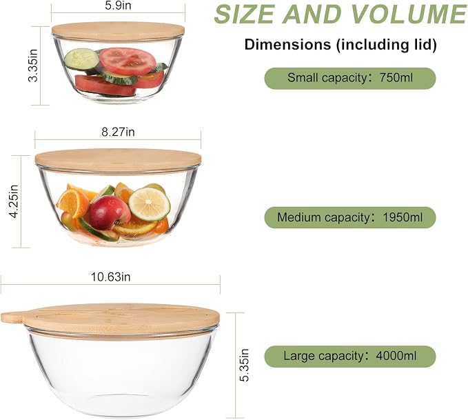 JOYMAY Glass Salad Bowls, Set of 3 Glass Bowls with Bamboo Lids Large Serving Bowl for Salad, Pasta, Desserts, W/Bamboo Utensils Salad Fruit Nesting Bowl for Cooking,Baking,Prepping,Serving & Storage