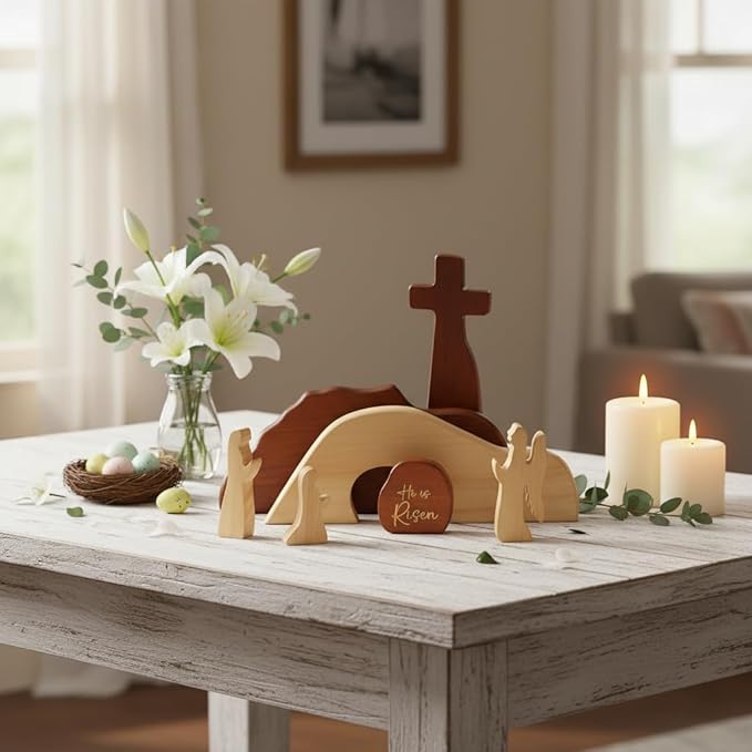 He is Risen Easter Decor – Wooden Resurrection Scene with Empty Tomb, Cross & Figurines, Christian Religious Tabletop Decoration for Home, Faith Easter Gift, Easter Basket Stuffer