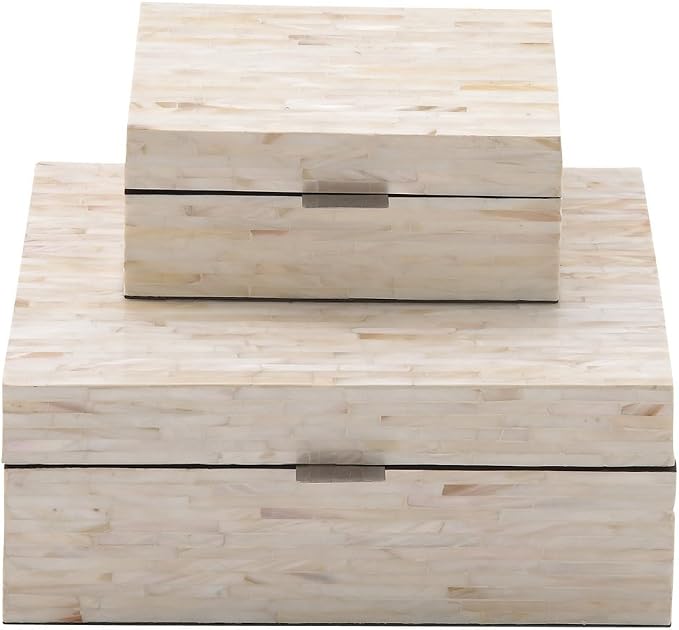 Deco 79 Mother of Pearl Shell Decorative Box, 12", 8"W, Glossy White | Tidy tabletops, jewelry boxes for décor and storage, set of 2, storage containers with lids, coastal mosaic