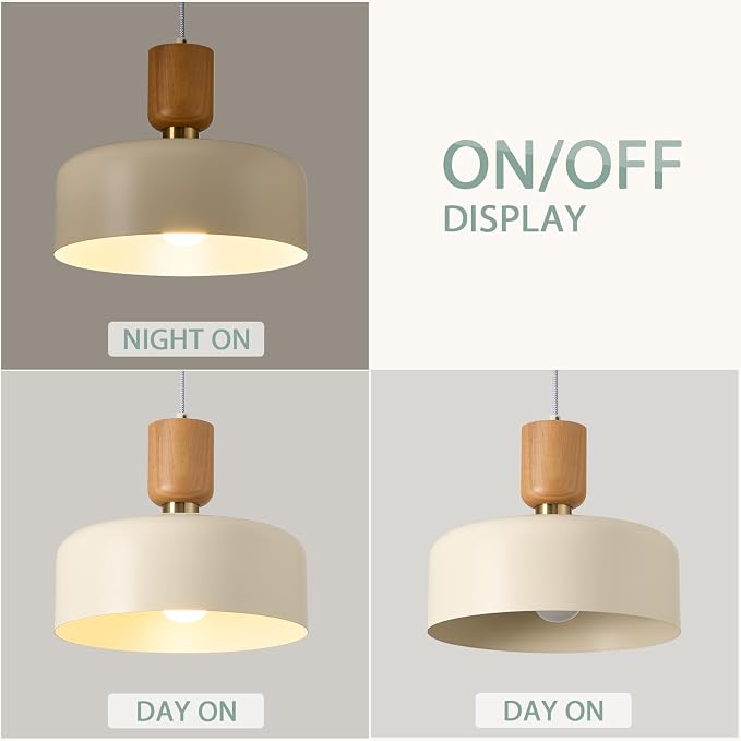 TeHenoo Modern Pendant Lighting, Soft Cream, 12 inch | Natural Wood and Brass Accent, Adjustable, For Kitchen Island, For Dining Room